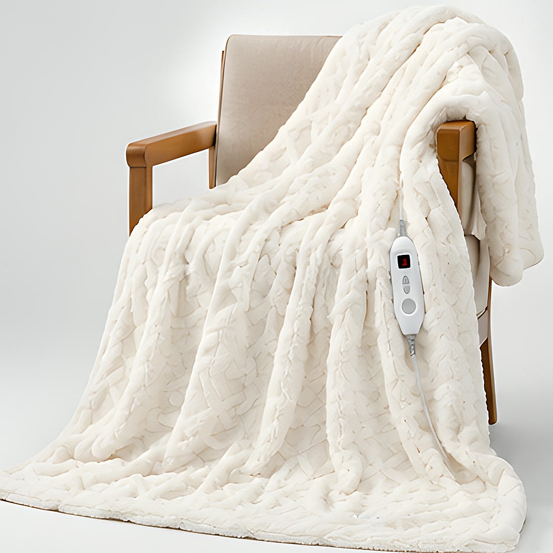 Couverture chauffante blanche en velours posée sur un fauteuil