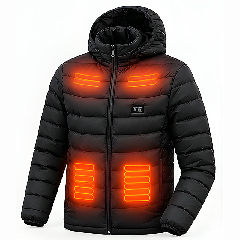 Veste chauffante noire à capuche avec les zones de chauffe